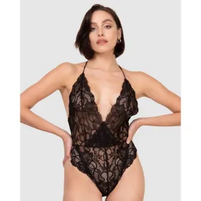 Lace High Leg Halter Lingerie Bodysuit-Black