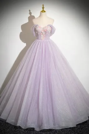 Lilac Tulle Long A-Line Prom Dresses with Flowers, Lilac Off the Shoulder Formal Evening Dresses