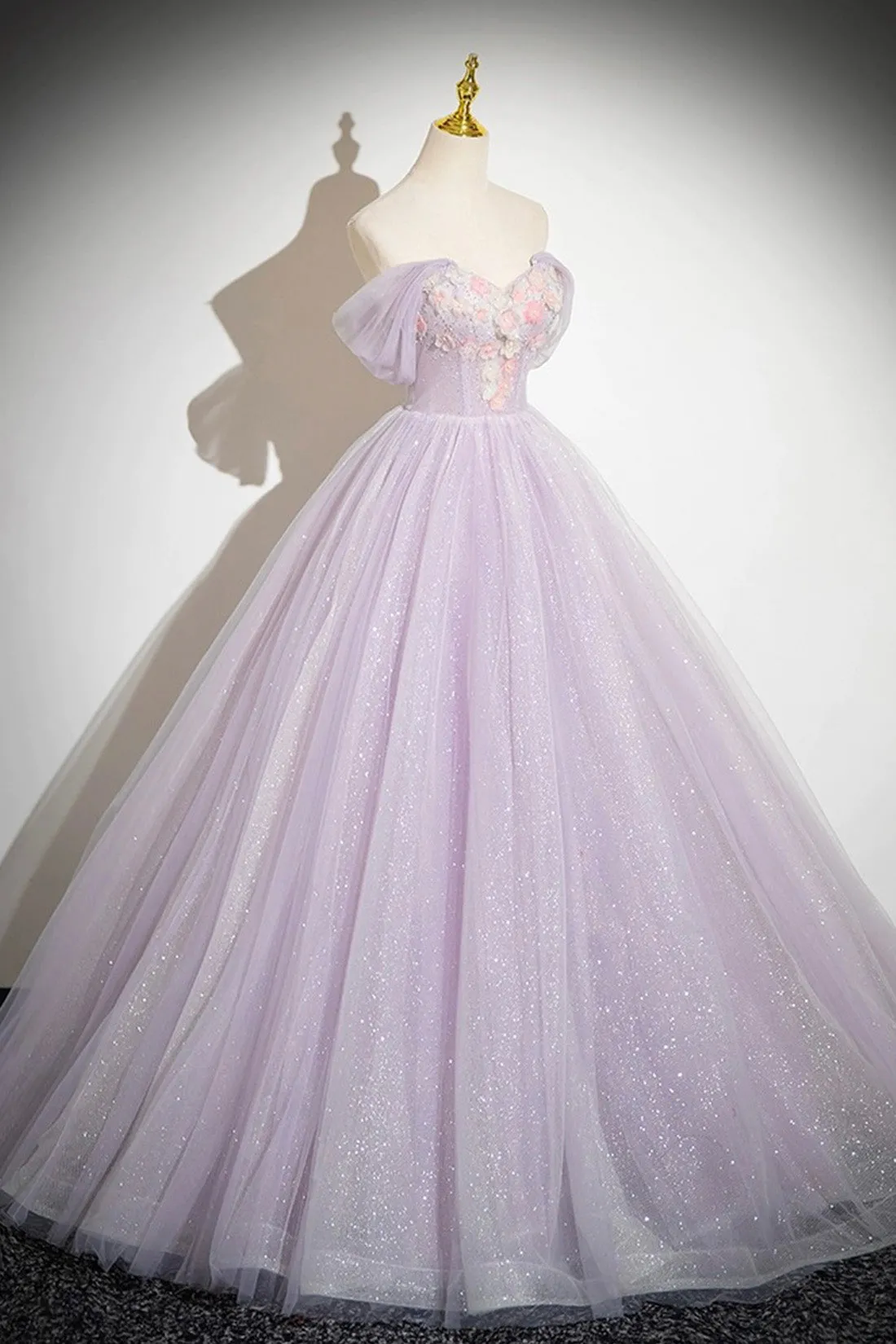 Lilac Tulle Long A-Line Prom Dresses with Flowers, Lilac Off the Shoulder Formal Evening Dresses