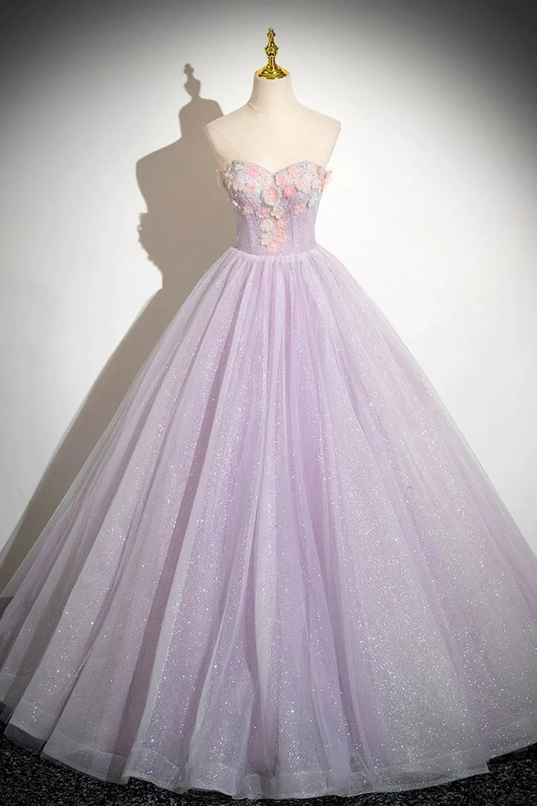 Lilac Tulle Long A-Line Prom Dresses with Flowers, Lilac Off the Shoulder Formal Evening Dresses