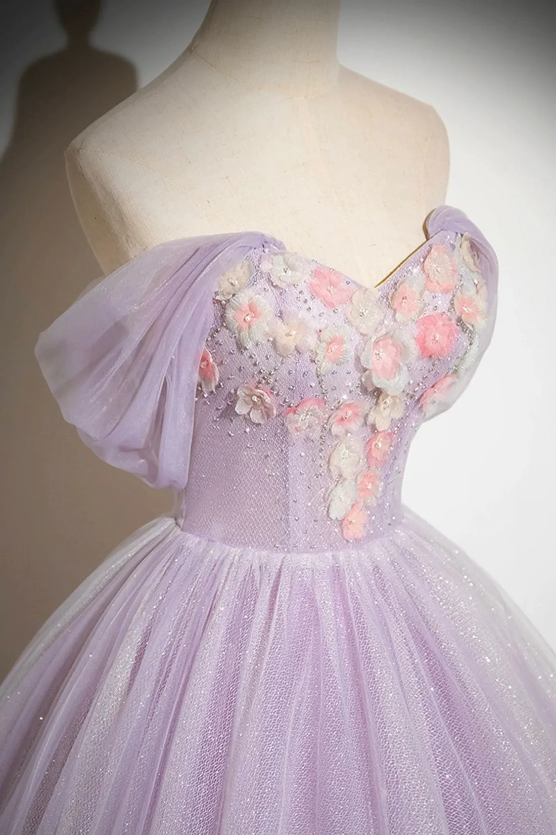 Lilac Tulle Long A-Line Prom Dresses with Flowers, Lilac Off the Shoulder Formal Evening Dresses