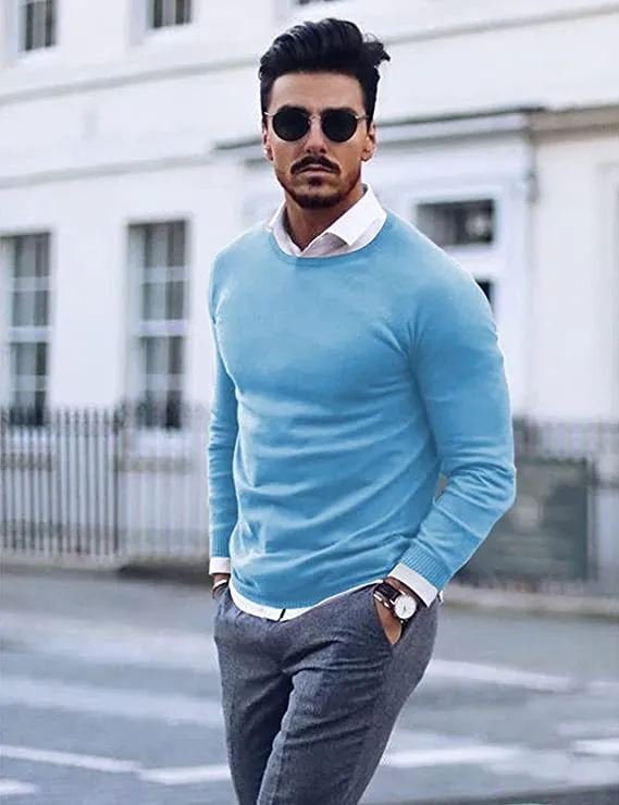 Men's Light Blue Lightweight Cotton Long Sleeve Sweater