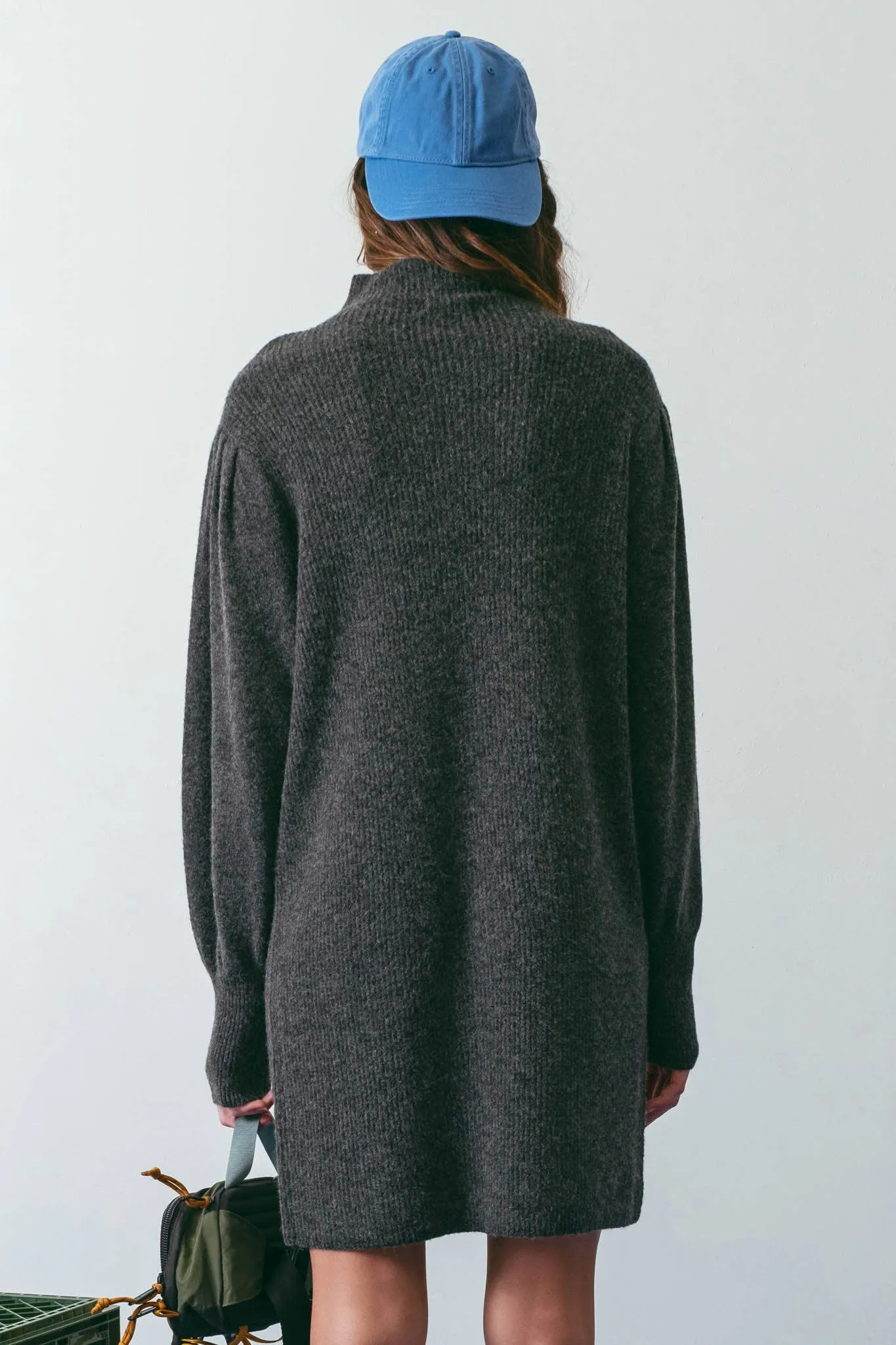 MOCK NECK LONG PUFF SLEEVE KNIT SWEATER DRESS