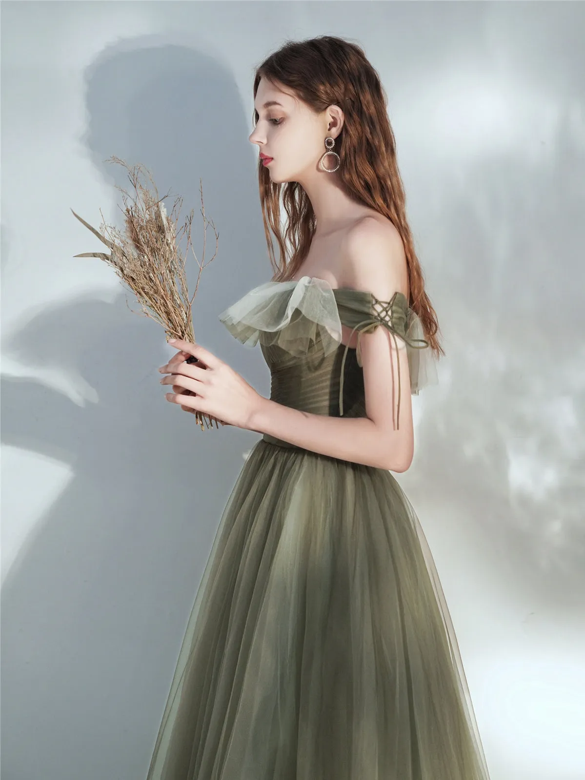 Olive Green Tulle Fairytale Long Prom Dress