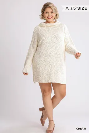 Plus Size Cream Beige High Cowl Neck Long Sleeve Sweater Mini Dress