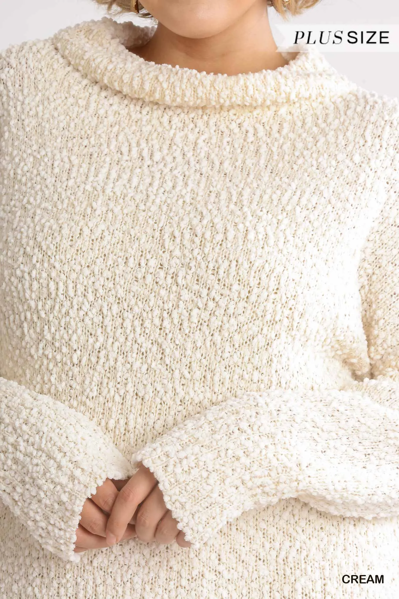 Plus Size Cream Beige High Cowl Neck Long Sleeve Sweater Mini Dress