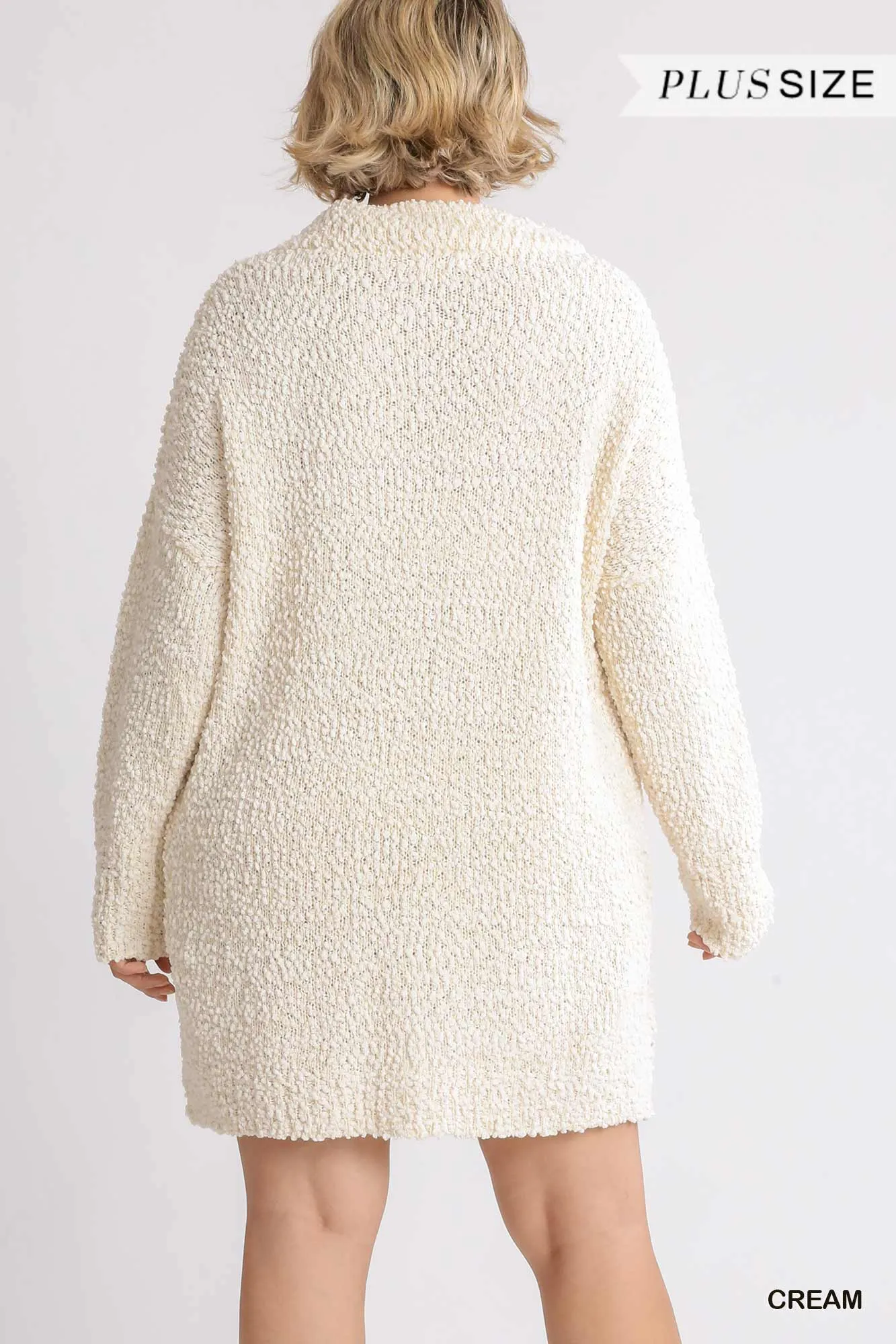 Plus Size Cream Beige High Cowl Neck Long Sleeve Sweater Mini Dress