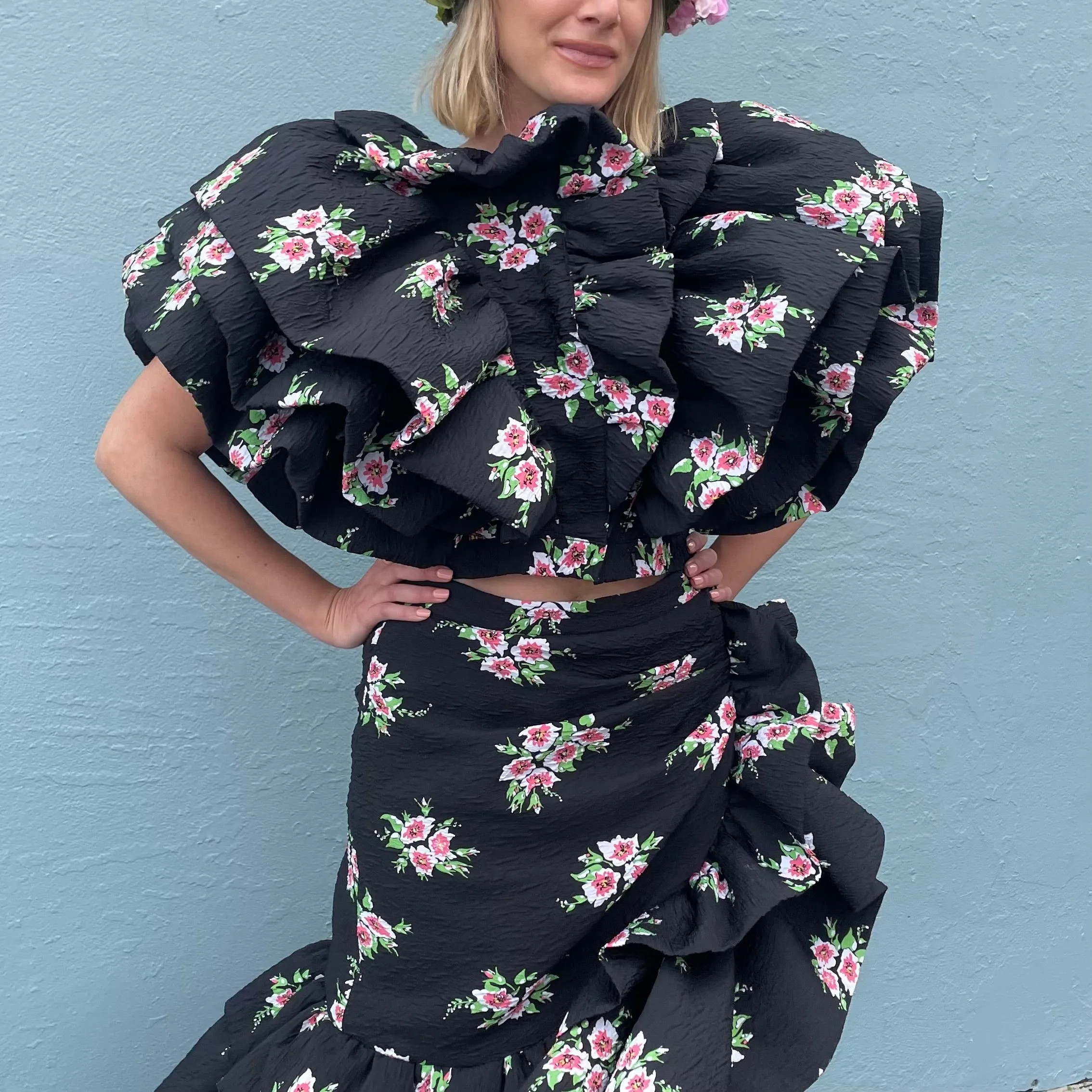 Rodarte Black Floral Ruffle Skirt Set