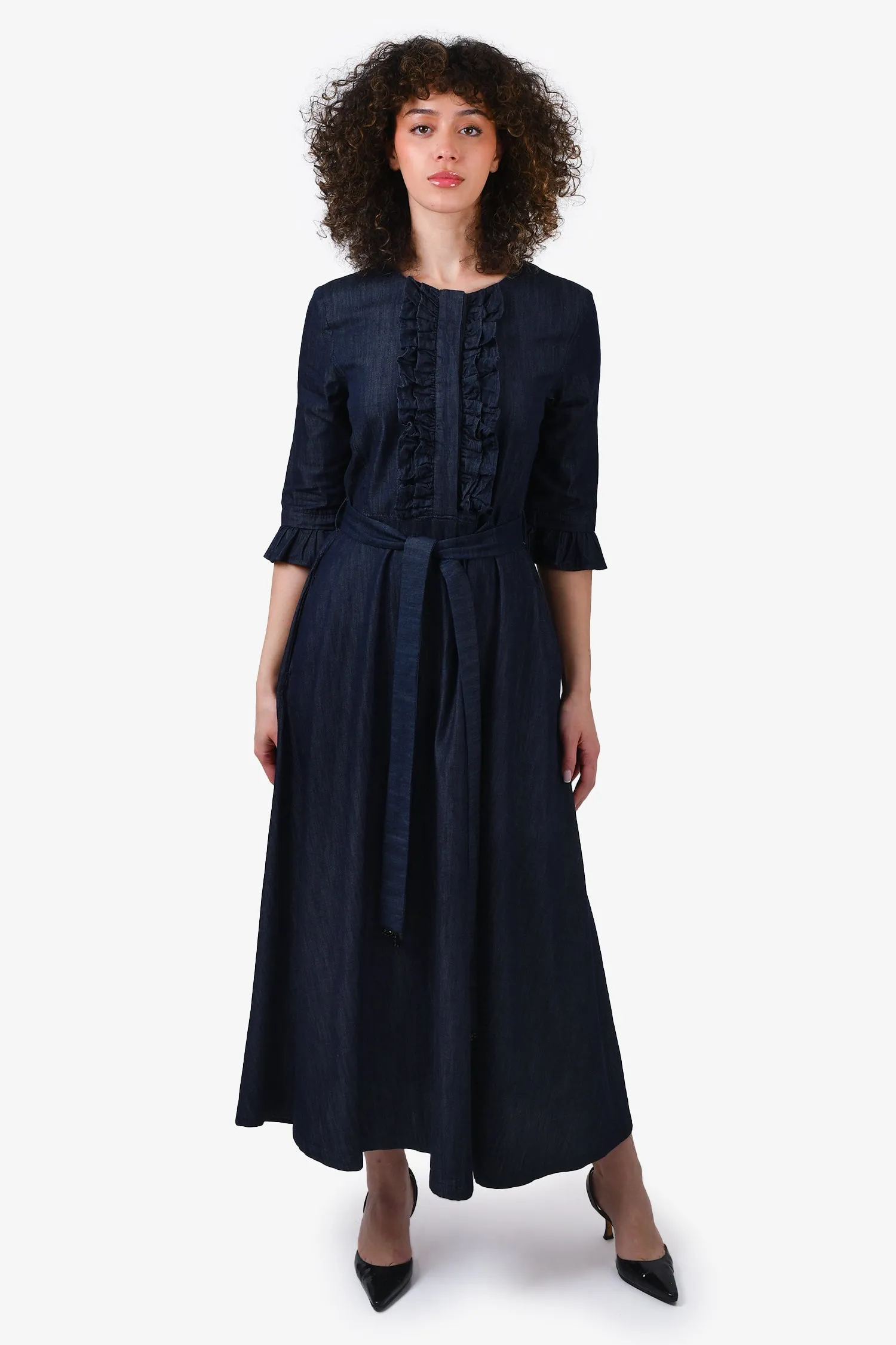 'S Max Mara Dark Blue Denim Ruffle Detail Maxi Dress with Belt Size 4