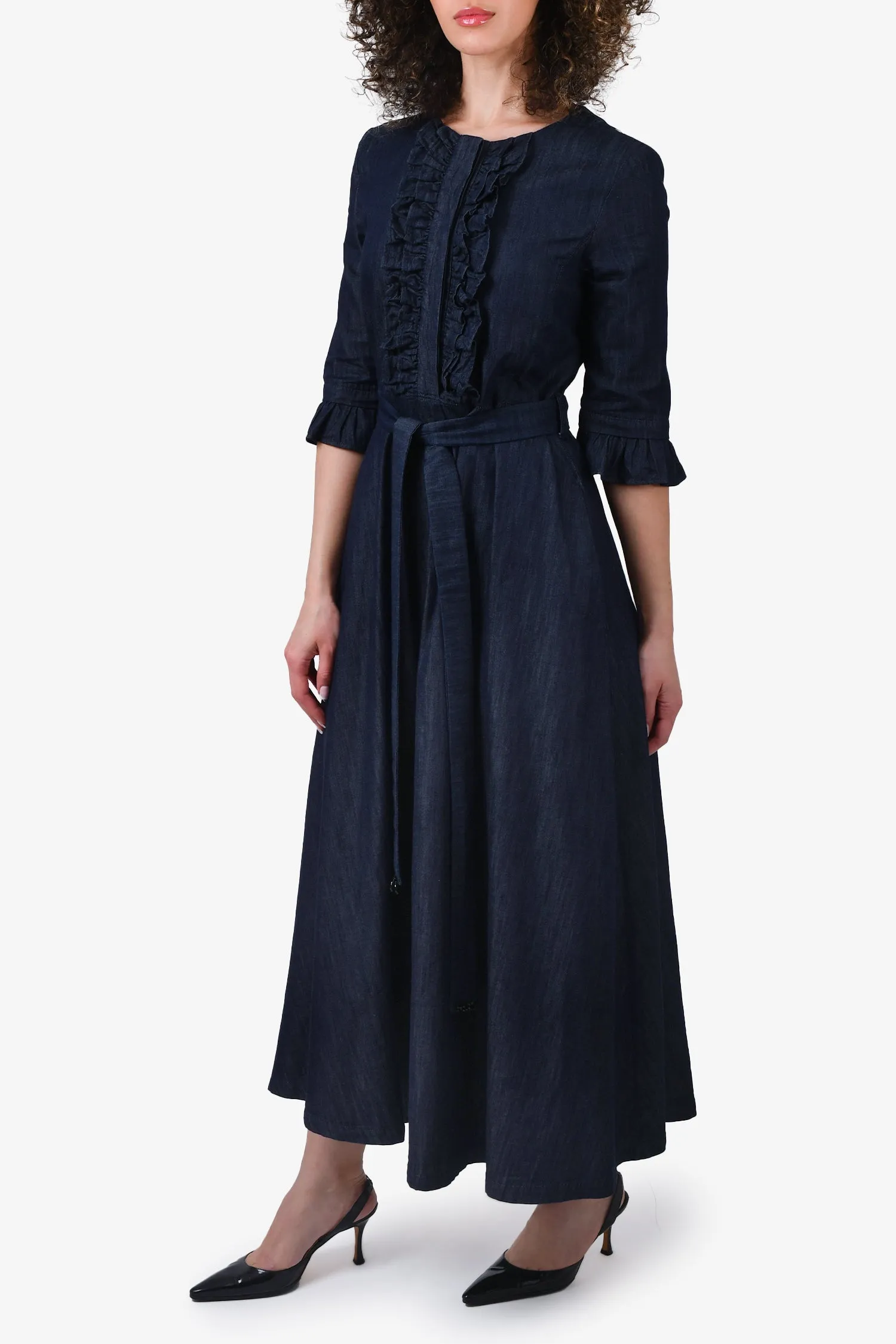 'S Max Mara Dark Blue Denim Ruffle Detail Maxi Dress with Belt Size 4
