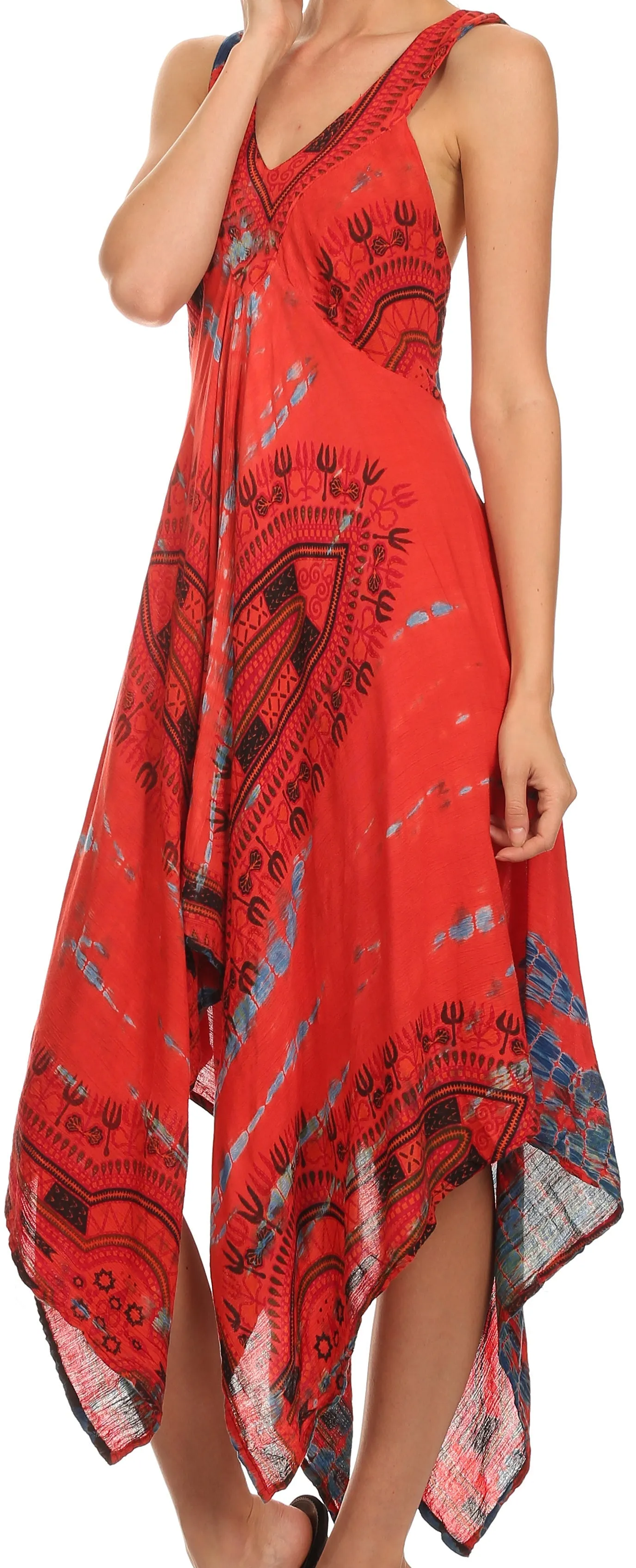 Sakkas Lala Smocked Back Handkerchief Hem V-Neck Sleeveless Dress