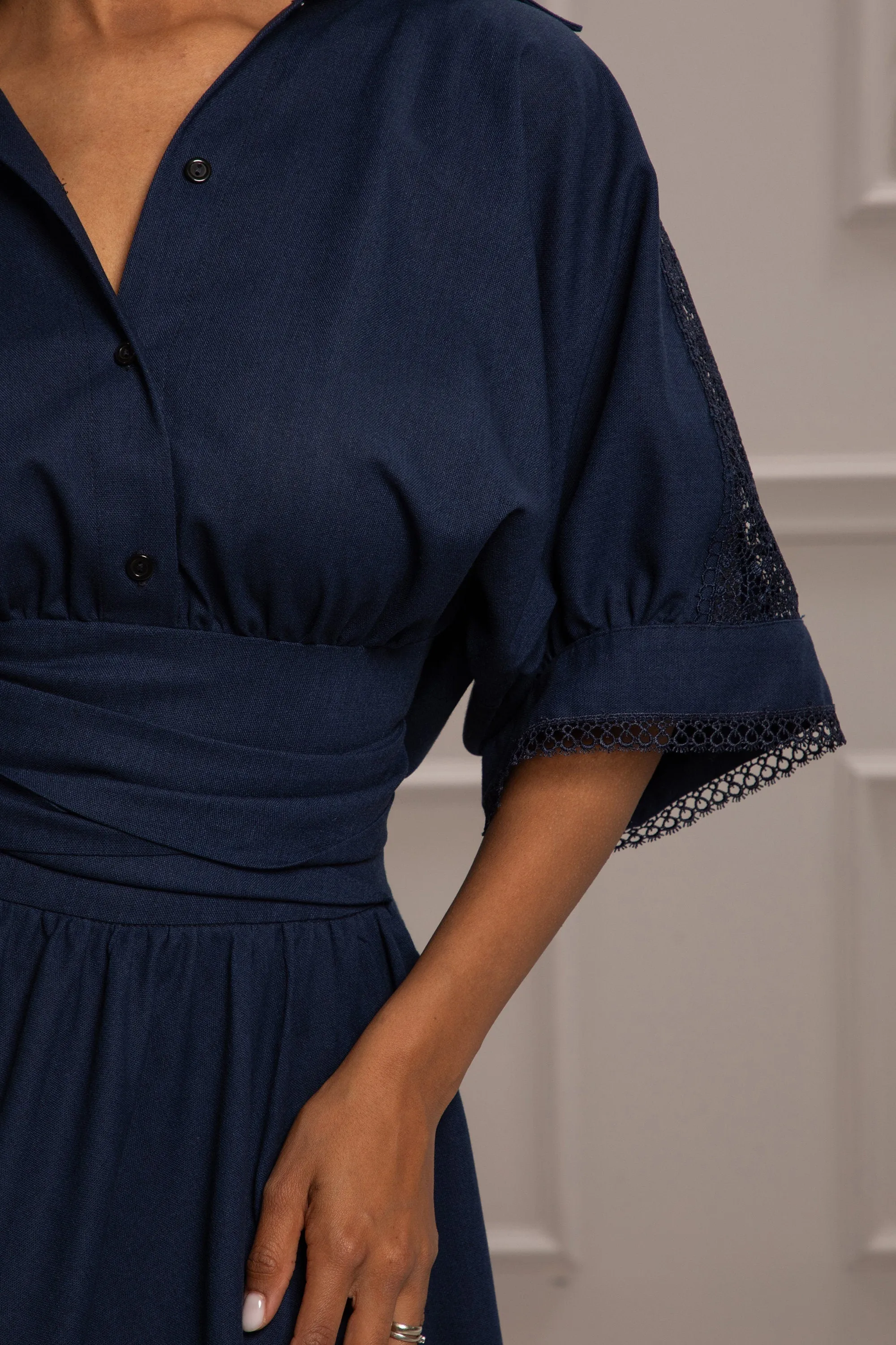 SHEER DETAILS LINEN DRESS