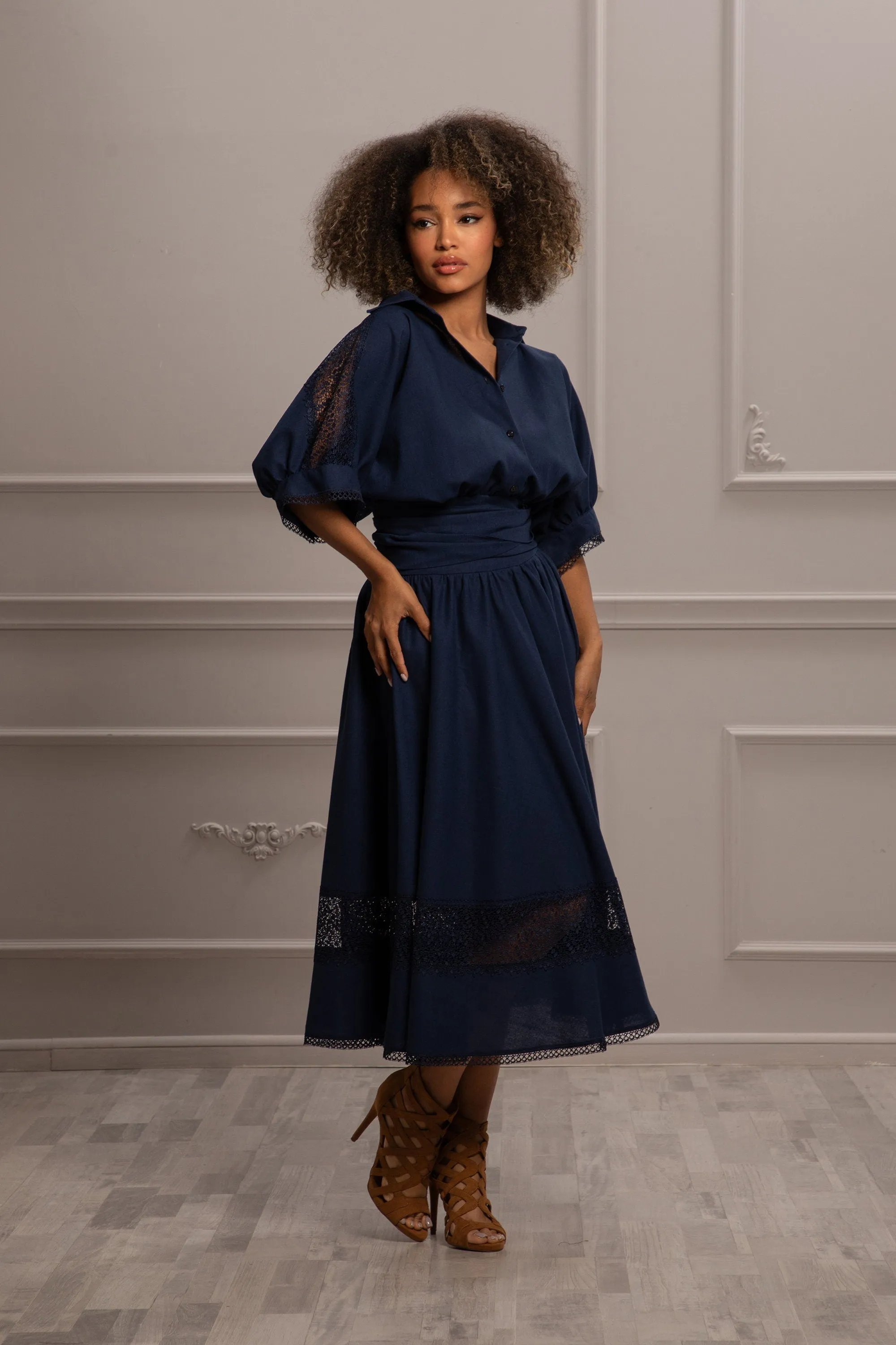 SHEER DETAILS LINEN DRESS