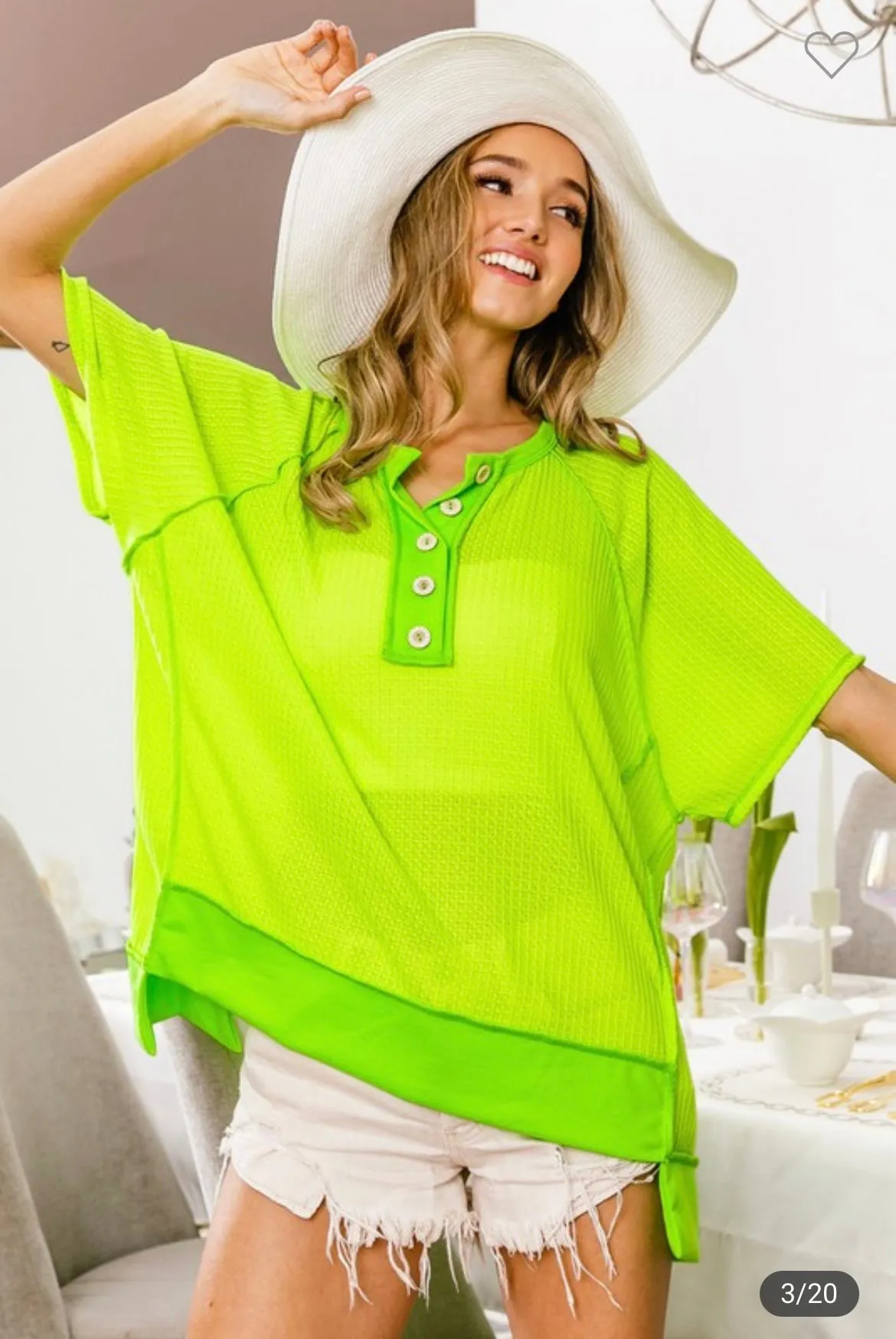 Waffle Knit Top With Uneven Hem - Neon Green