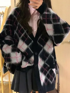 Wenkouban-Spring Casual Outfits Y2K Outfits Check Jacquard Loose Cardigan