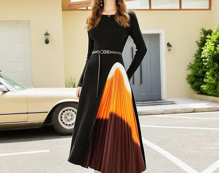 Winter O-Neck pleated full sleeve black dress for Women