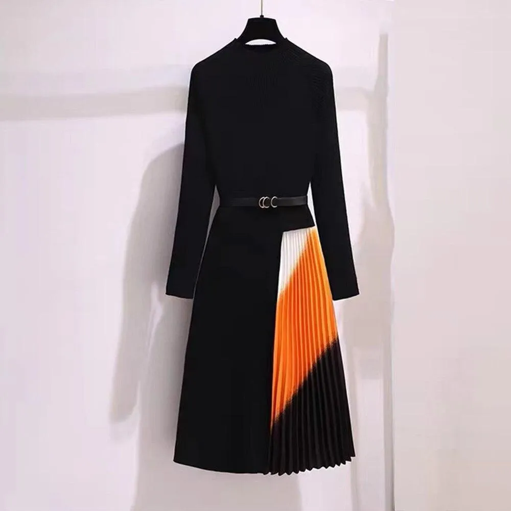 Winter O-Neck pleated full sleeve black dress for Women