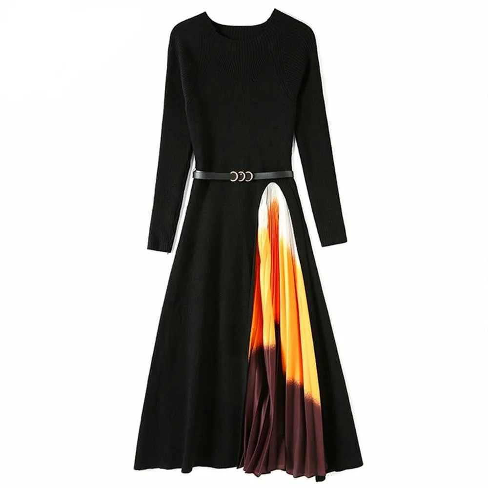Winter O-Neck pleated full sleeve black dress for Women