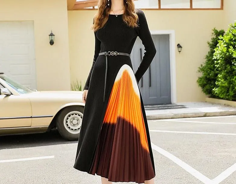 Winter O-Neck pleated full sleeve black dress for Women