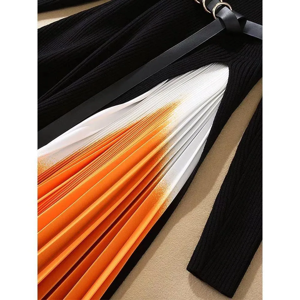 Winter O-Neck pleated full sleeve black dress for Women