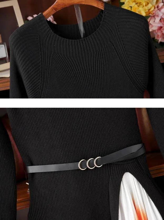 Winter O-Neck pleated full sleeve black dress for Women