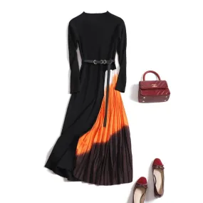 Winter O-Neck pleated full sleeve black dress for Women
