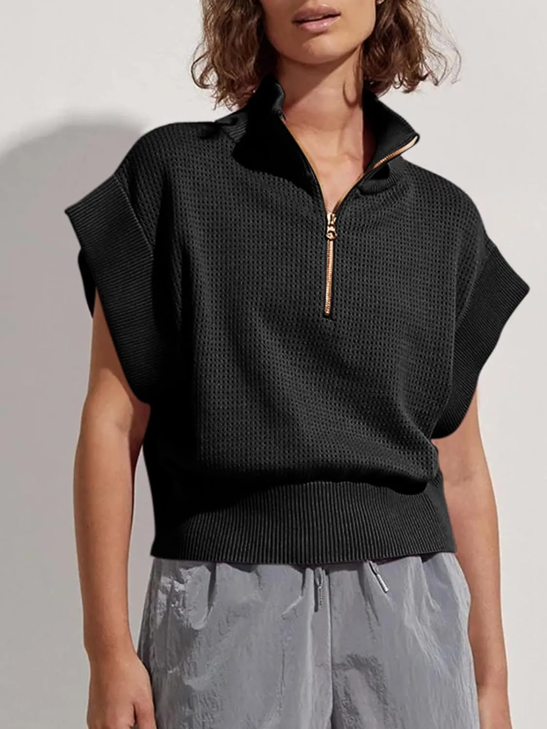 Winter White Knit Zip Front Short Sleeve Cropped Sweater